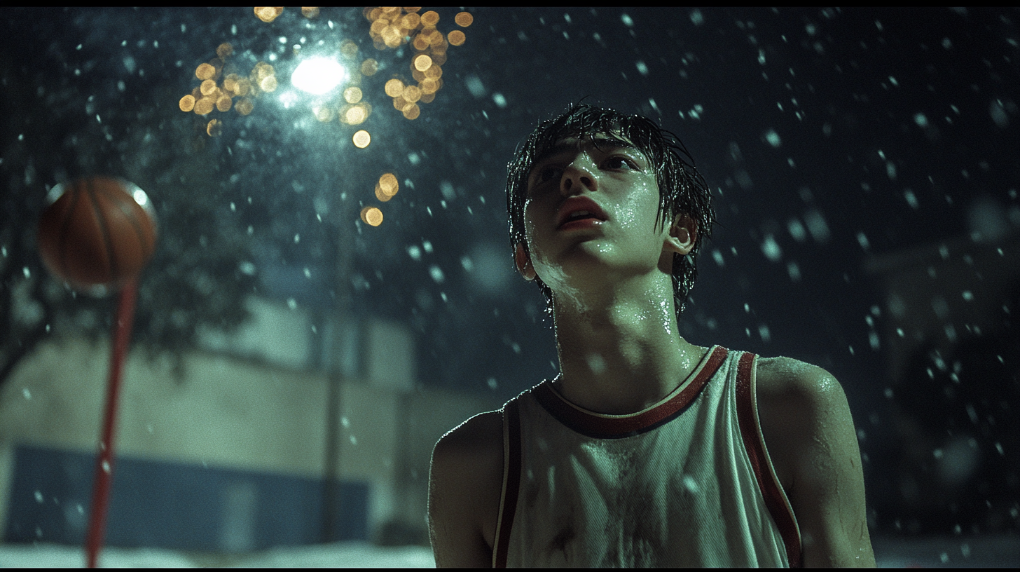 A Sweaty Basketball Player Amidst Chinese Snowy Fireworks