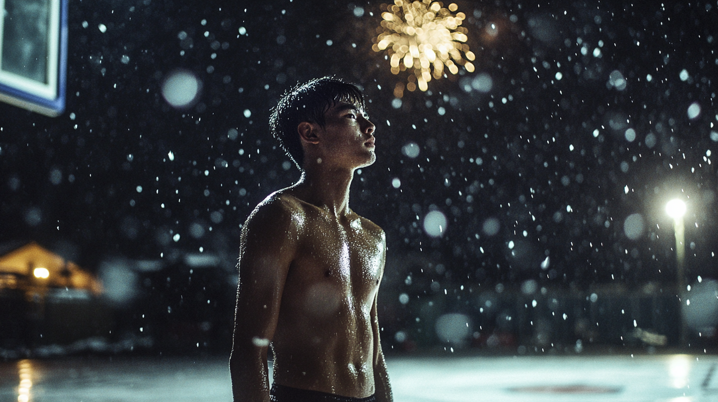 A Sweaty Basketball Player Amidst Fireworks and Snow