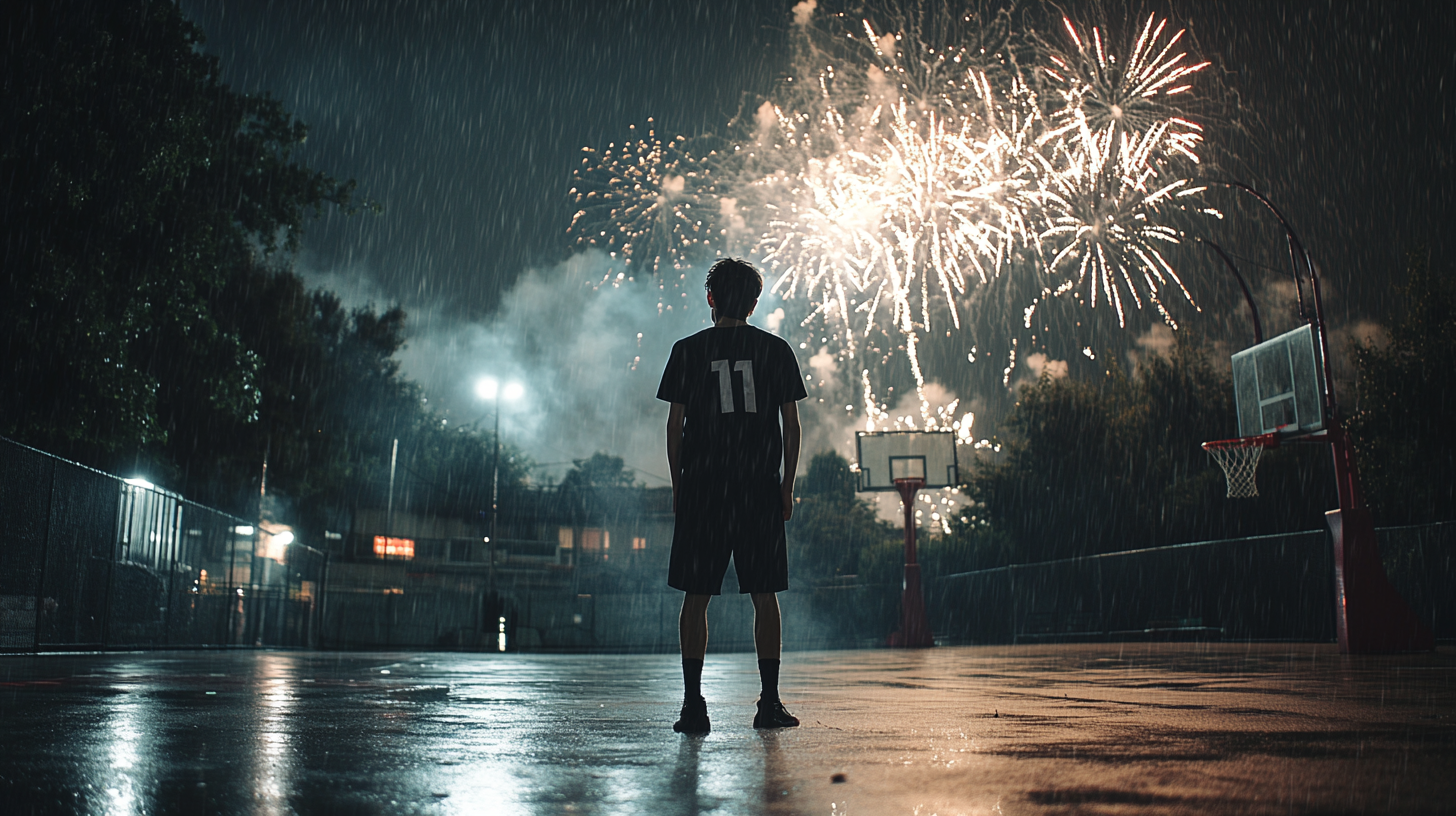 A Sweaty Basketball Player Amidst Fireworks at Night