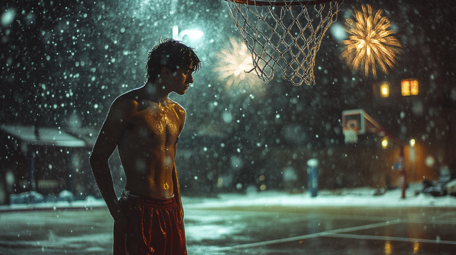 A Sweaty Basketball Player Amidst Snowy Chinese Celebrations