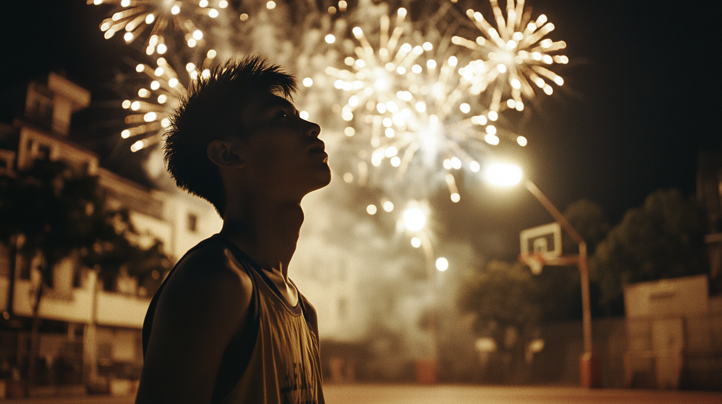 A Sweaty Basketball Player with Fireworks in China