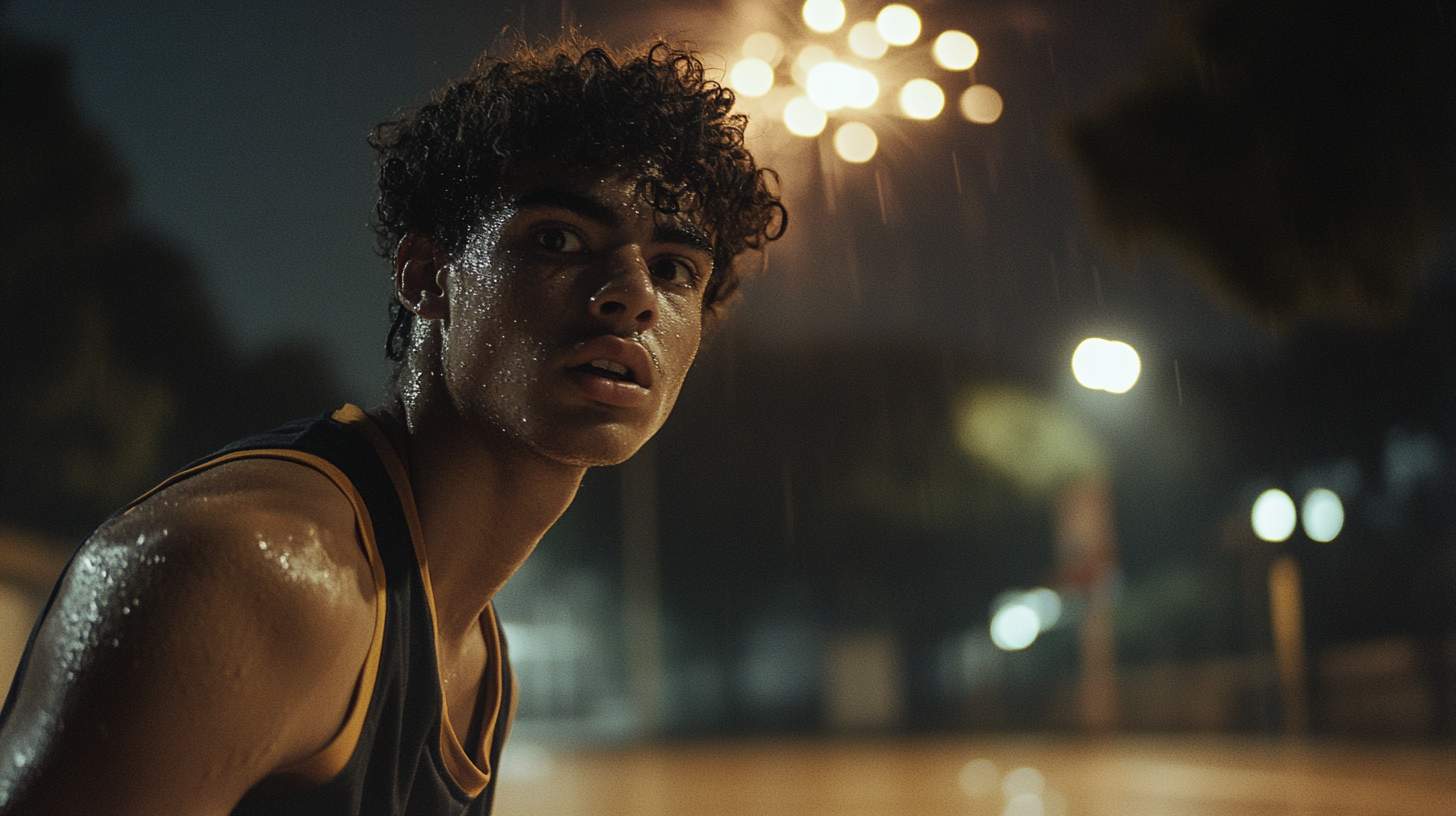 A Sweaty Young Man Playing Basketball Amidst Fireworks