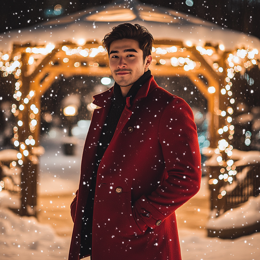 A Sweet Man in Red Coat in Winter Wonderland