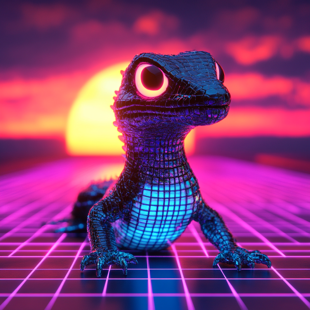 A Synthwave gecko dragon in retro-futuristic style