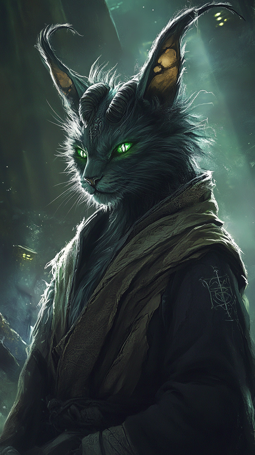 A Tabaxi with glowing eyes, horns, tattered robe