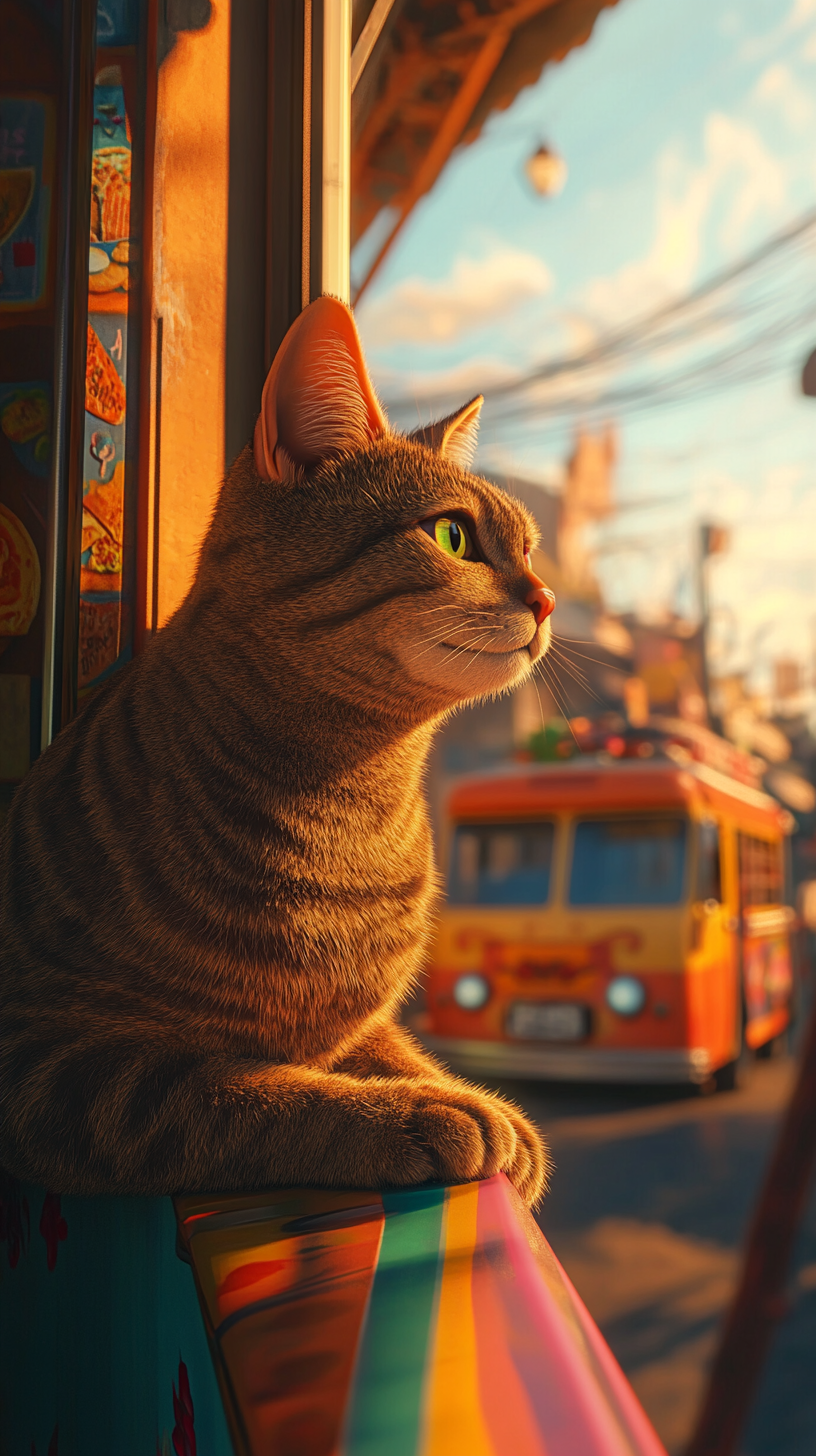 A Tabby Cat Looking at Taco Truck