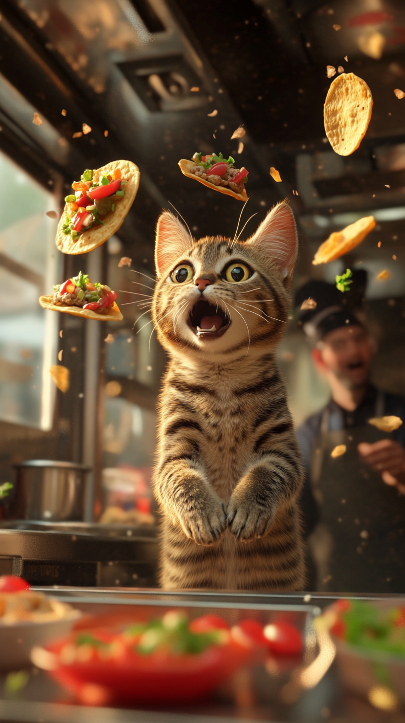 A Tabby Cat Teleporting in Taco Truck Chaos.