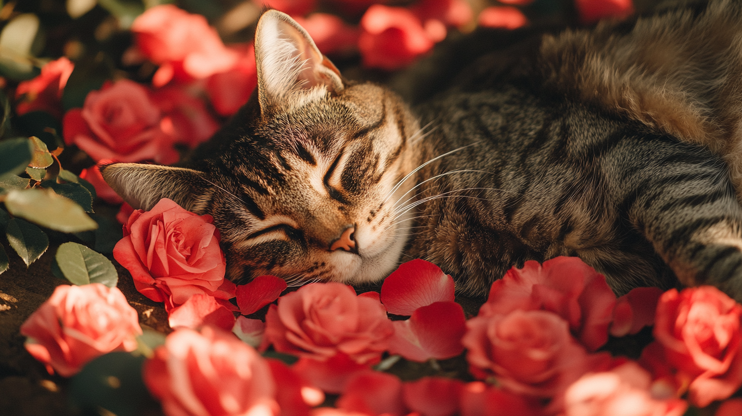 A Tabby cat lounging on messy roses garden.