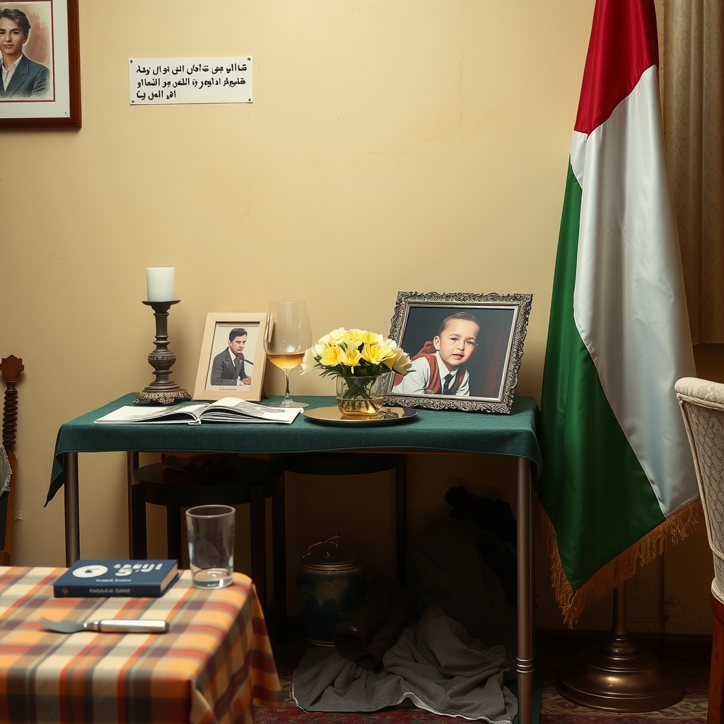 A Table, Picture, and Palestinian Flag Ages