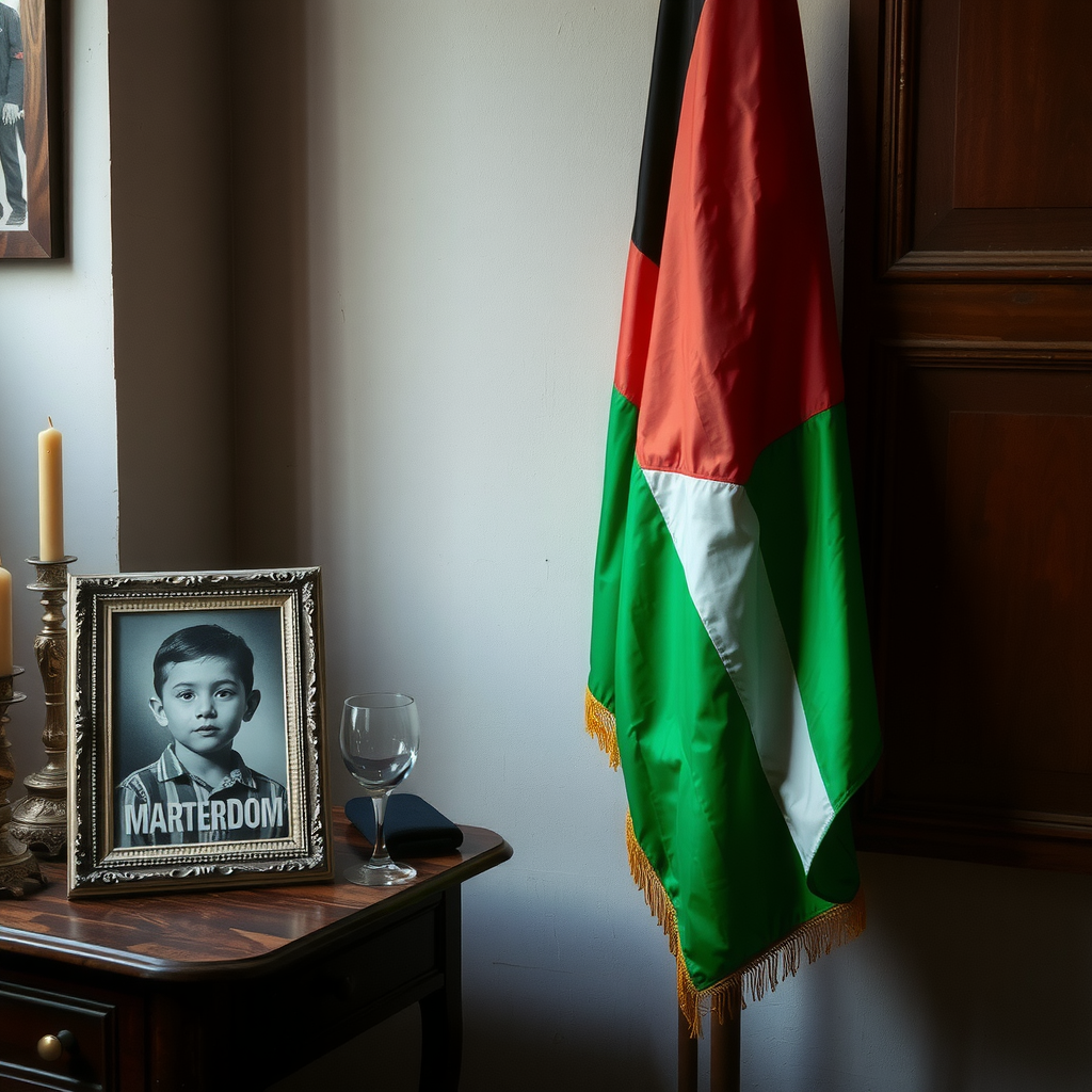 A Table, Picture, and Palestinian Flag talk about history