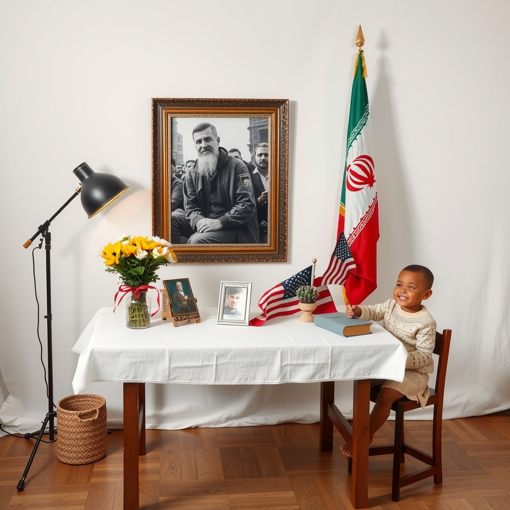 A Table with Picture of Martyrdom and Flags