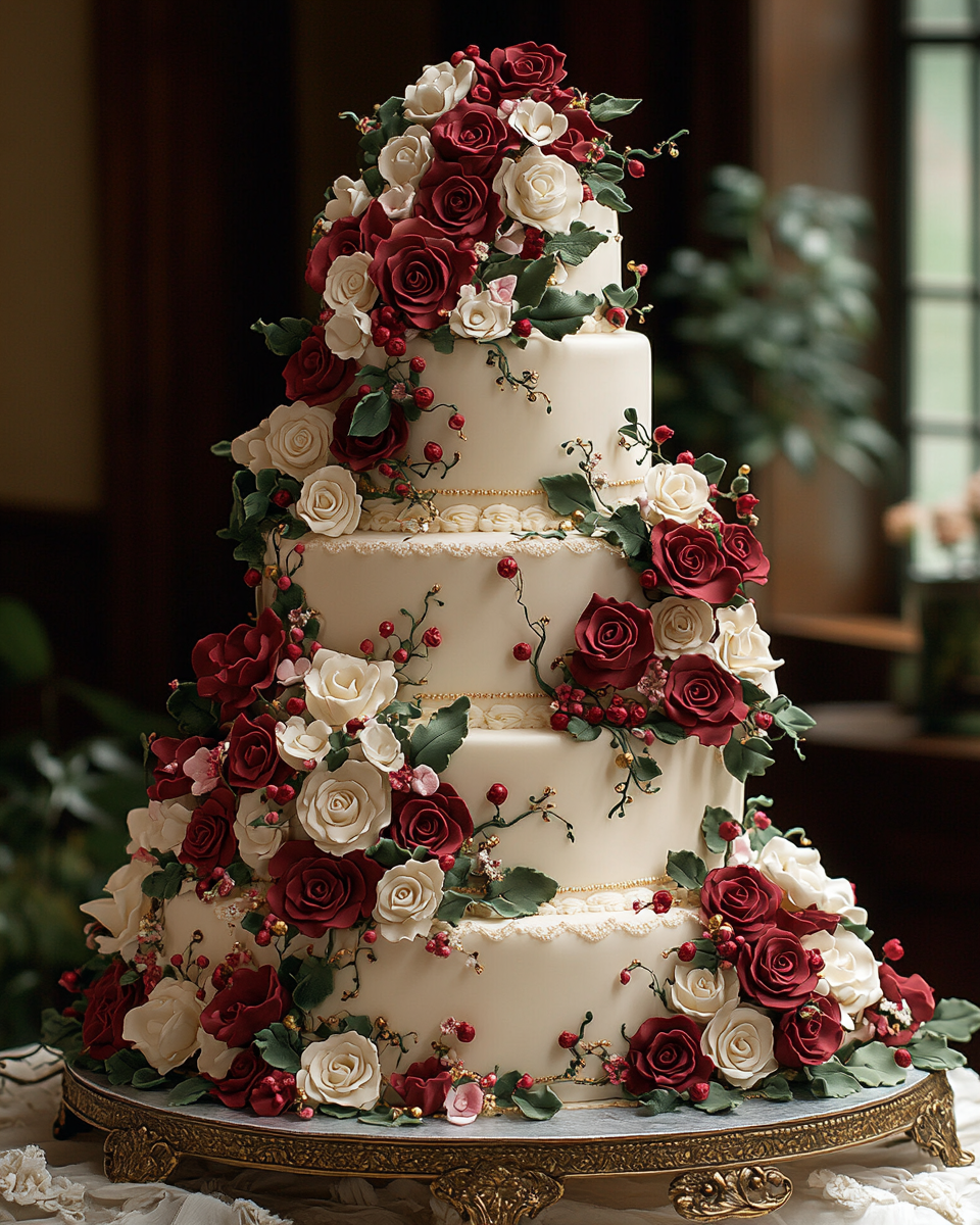 A Tall, Multitiered Wedding Cake with Elegant Design