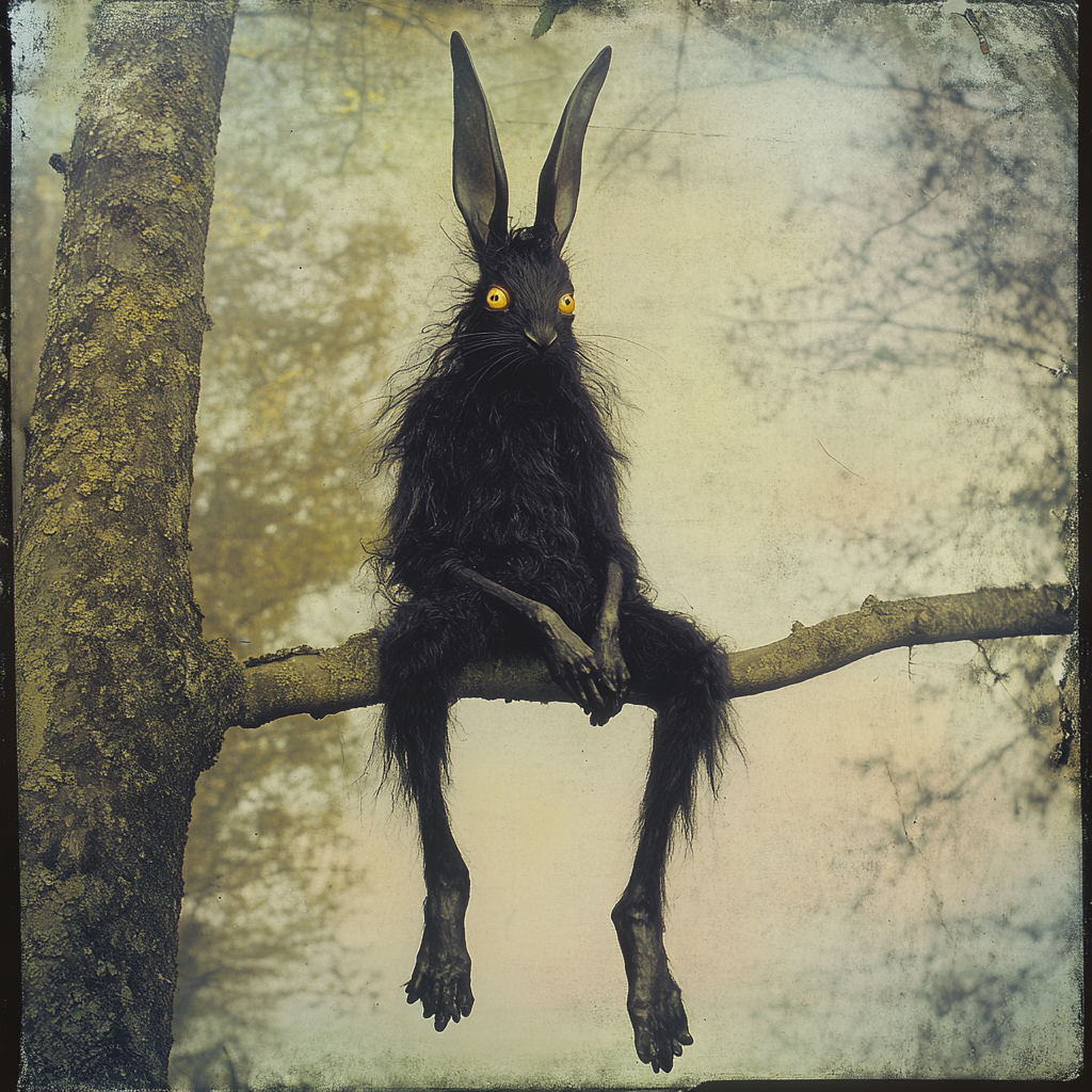 A Tall Black Rabbit Sitting in Tree