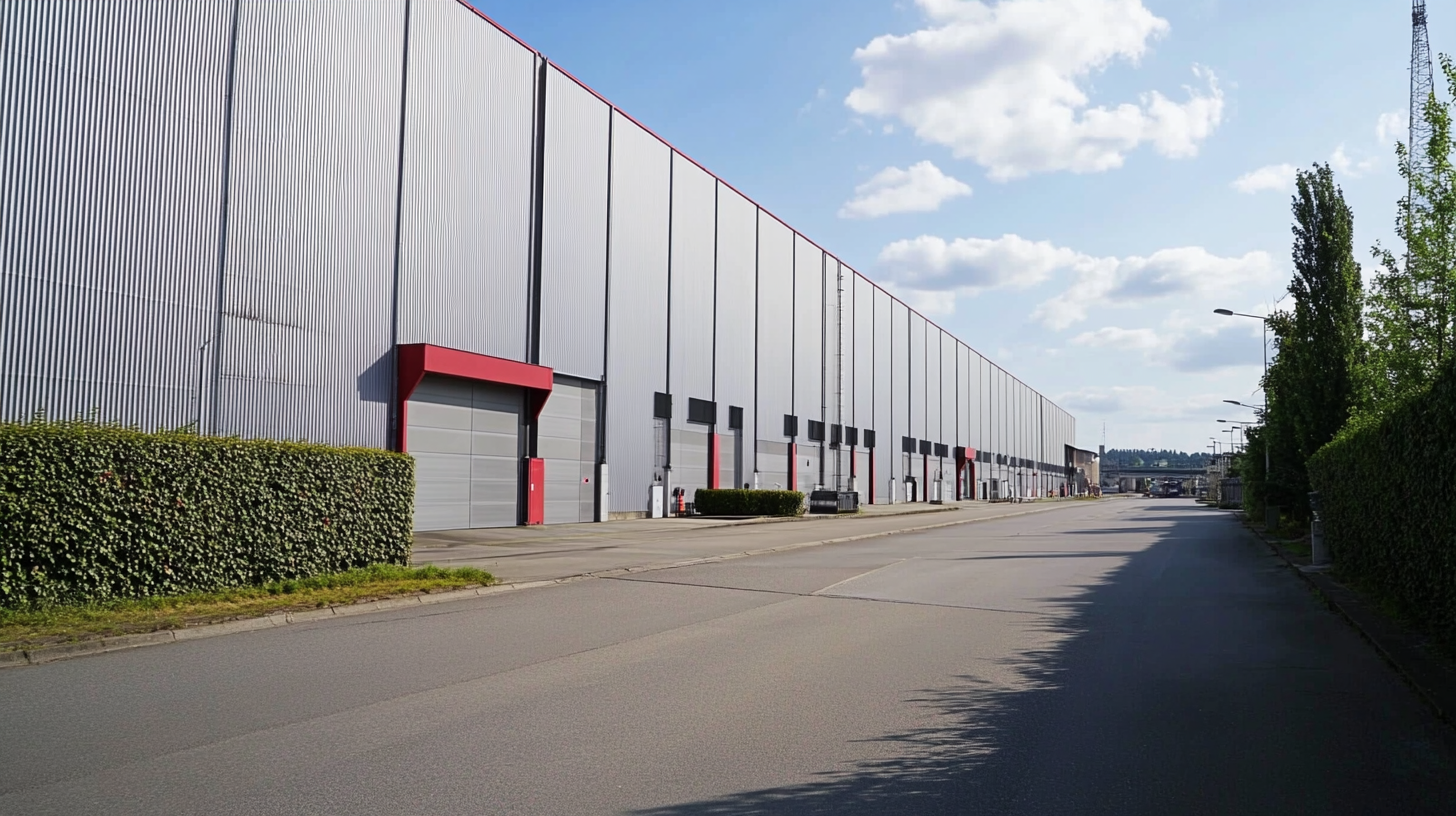 A Tall Factory Building with Gray and Red Panels