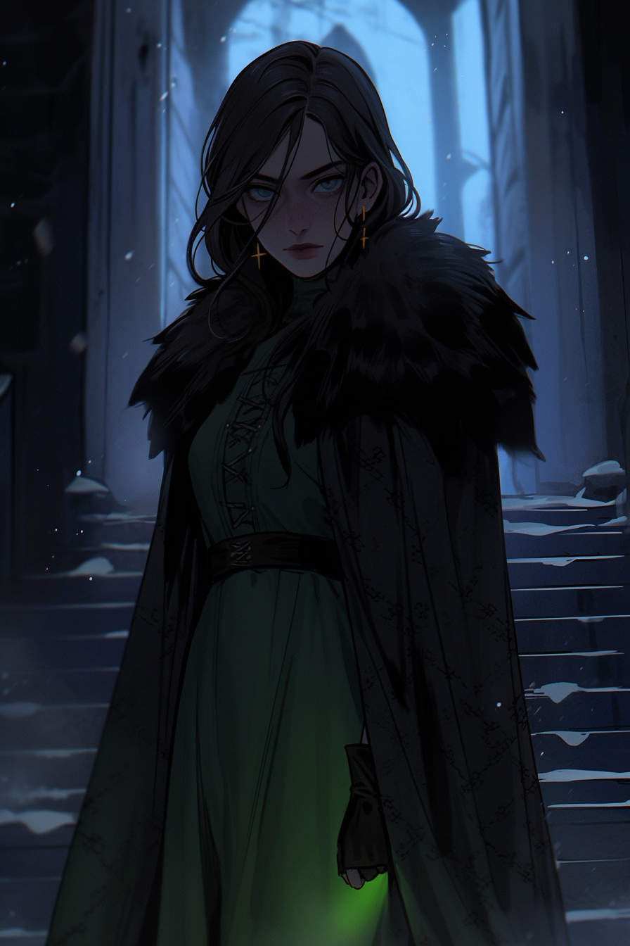 A Tall Lady in Green Dress at Winter Castle