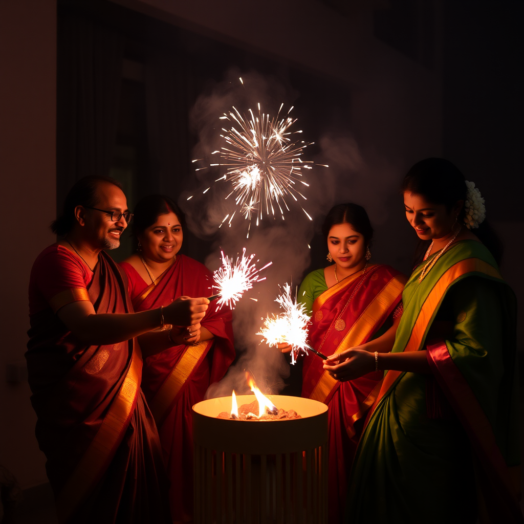 A Tamil Family Celebrating Deepavali with Firecrackers