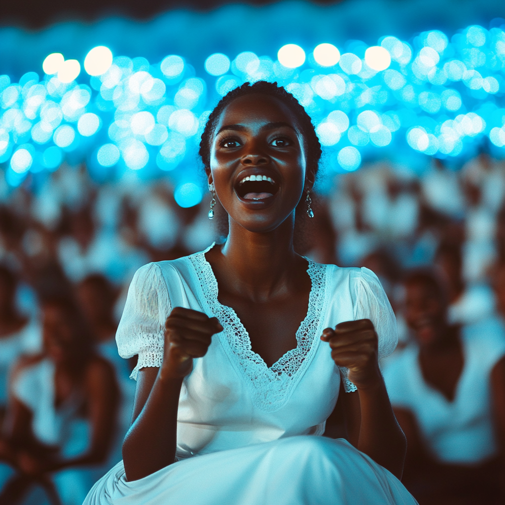 A Tanzanian girl celebrates victory in football stadium