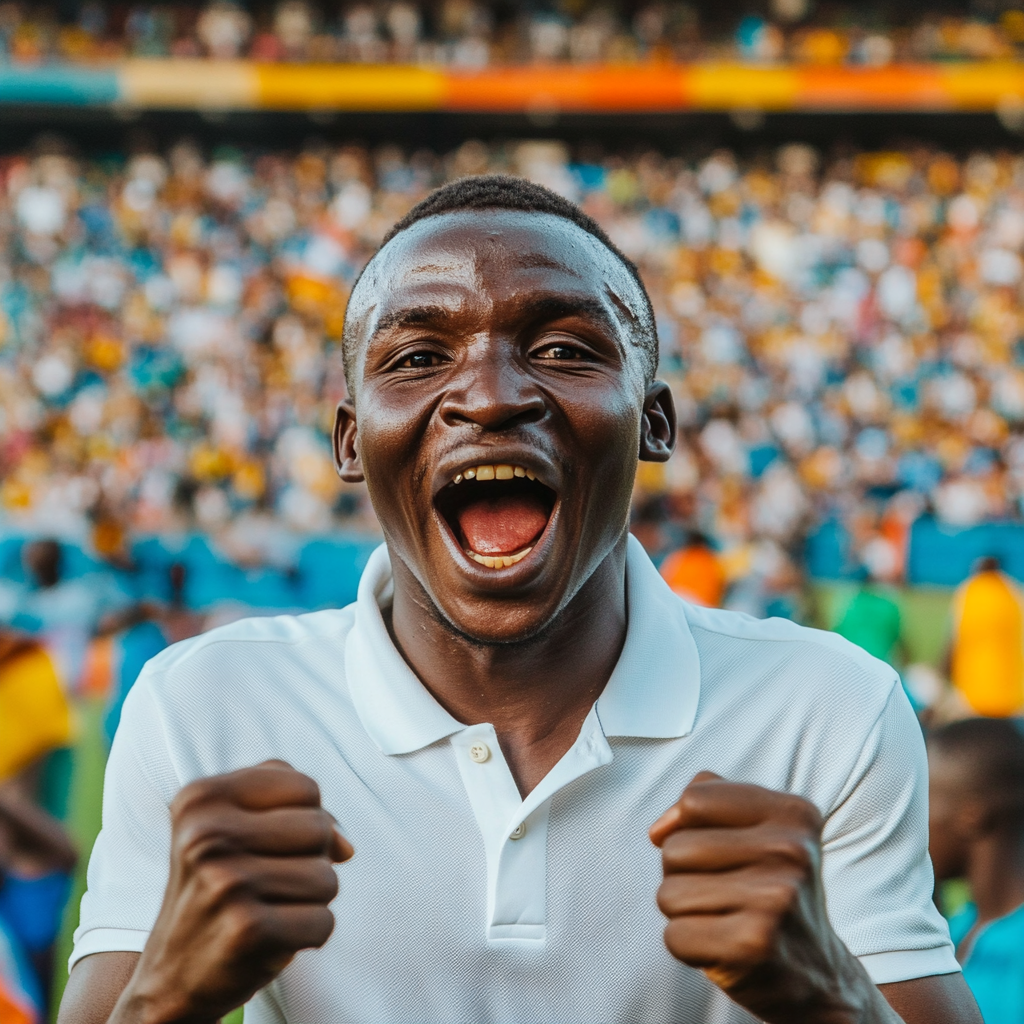 A Tanzanian man celebrates victory at vibrant stadium