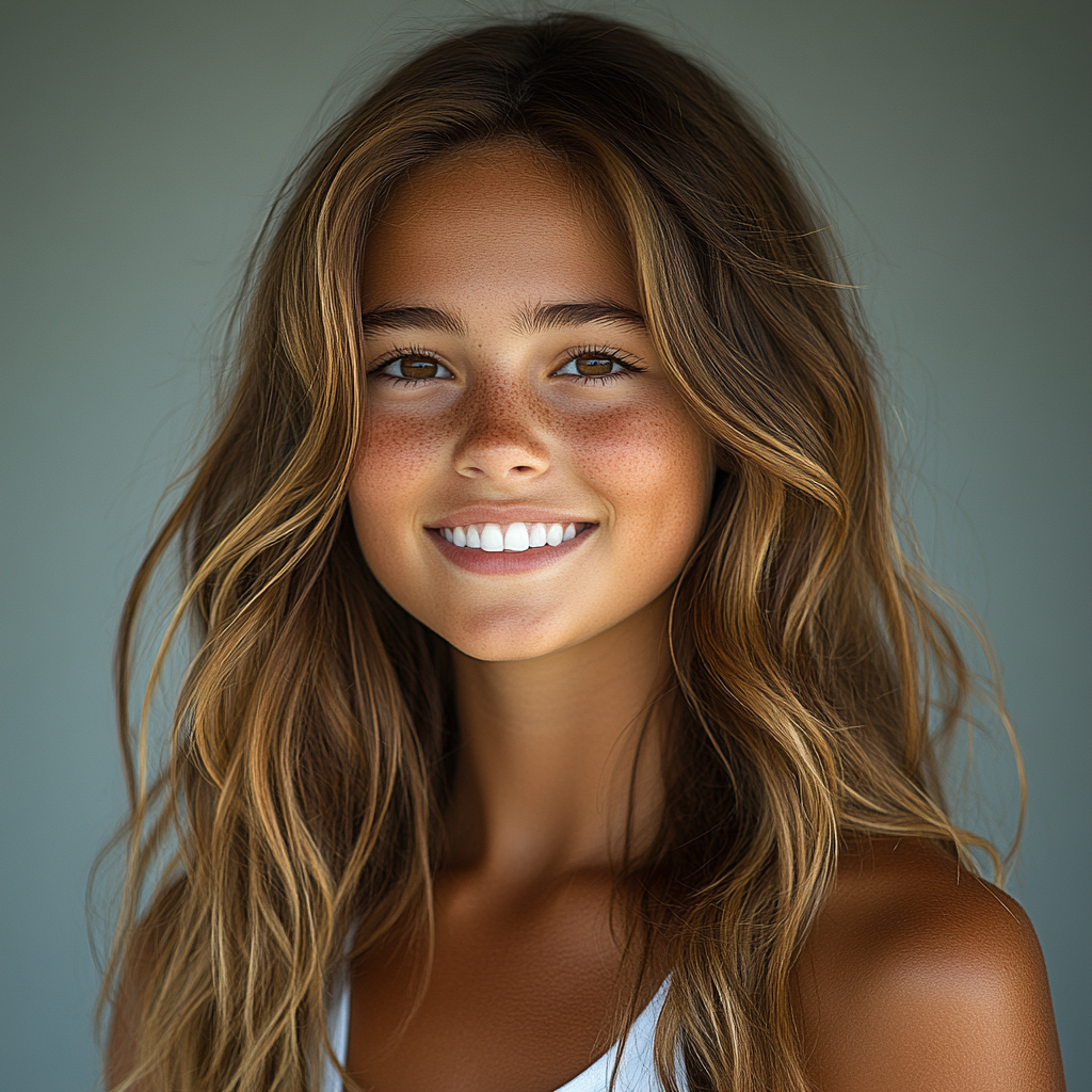 A Teenage Girl Smiling on Surfboard in Studio