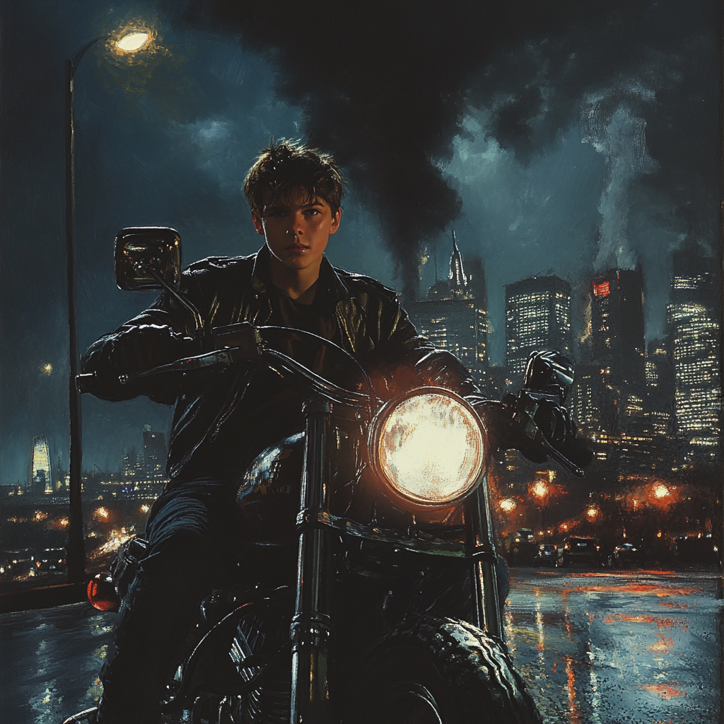 A Teenager on Motorcycle in Urban Night