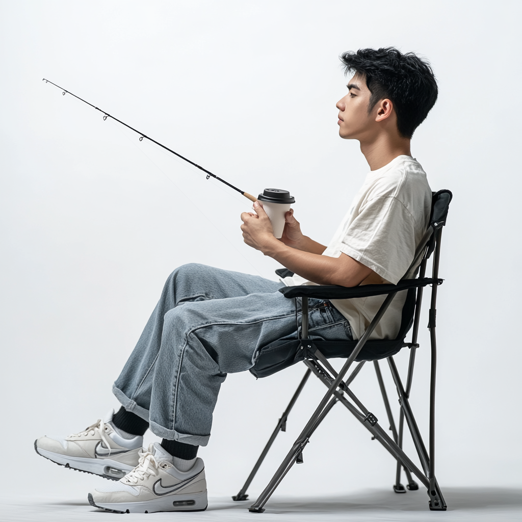 A Thai man fishing with coffee on chair.