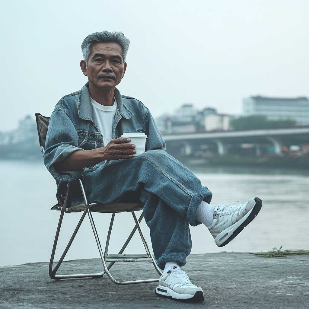 A Thai man sitting by the river drinking coffee.