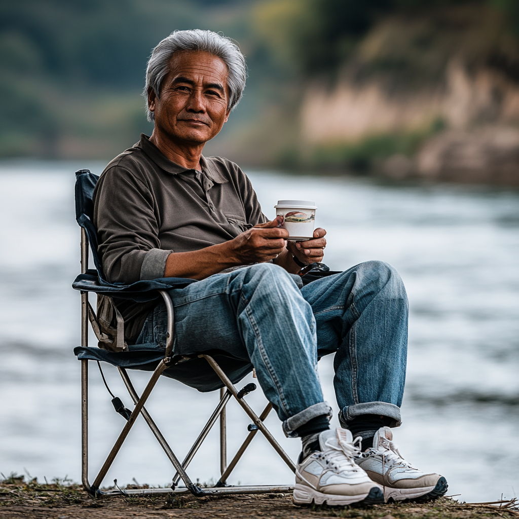 A Thai man sitting on chair fishing calmly.