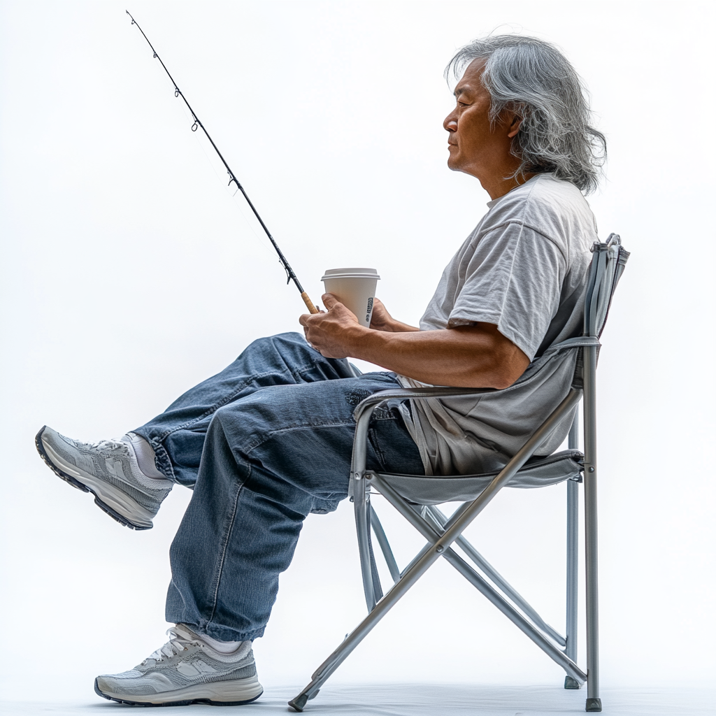 A Thai man sitting with fishing rod.