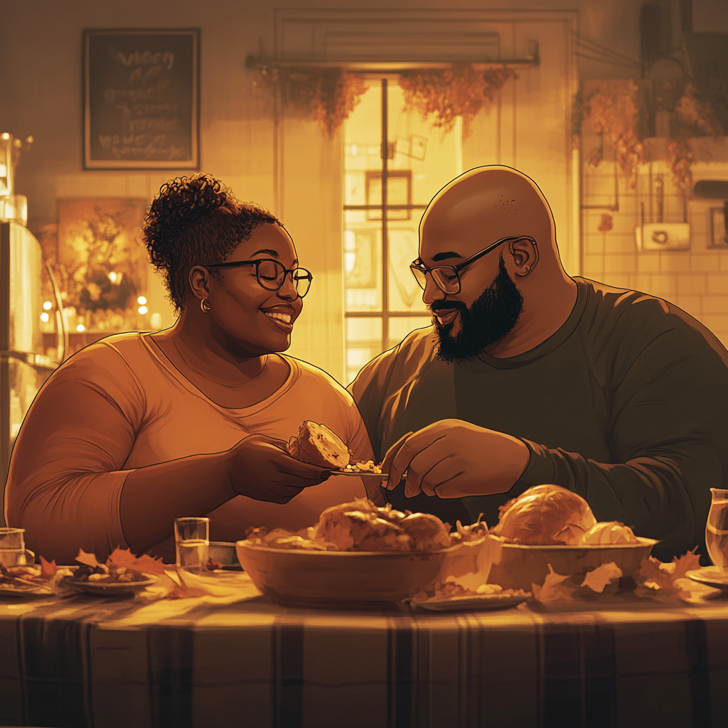 A Thanksgiving Feast: Loving Couple Sharing Meal Together