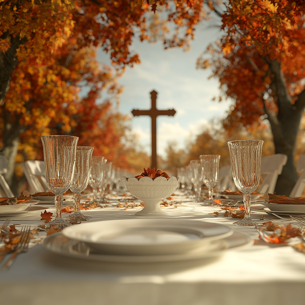 A Thanksgiving table setting with a beautiful cross