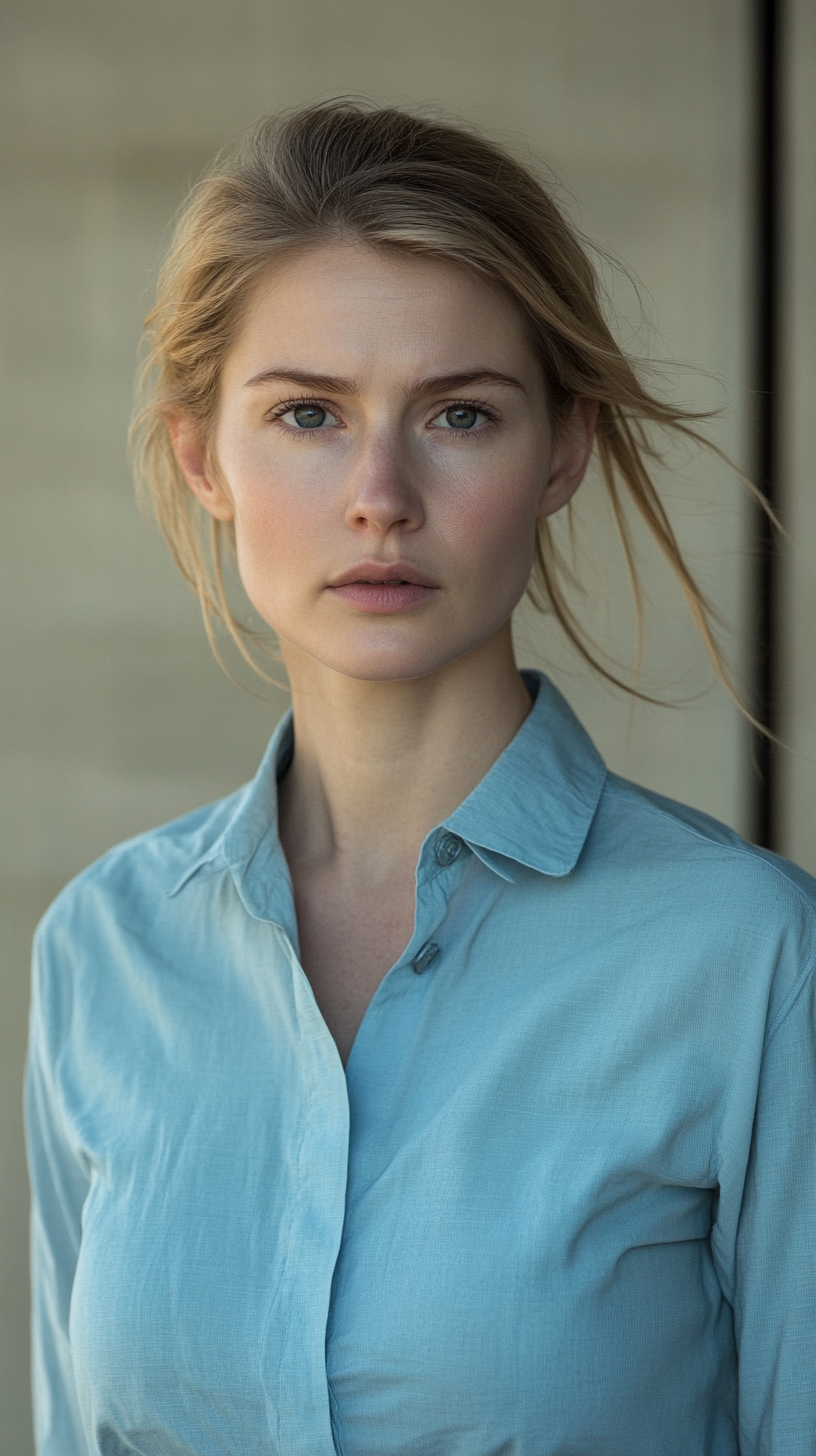 A Thoughtful Woman Walking Outdoors in Blue