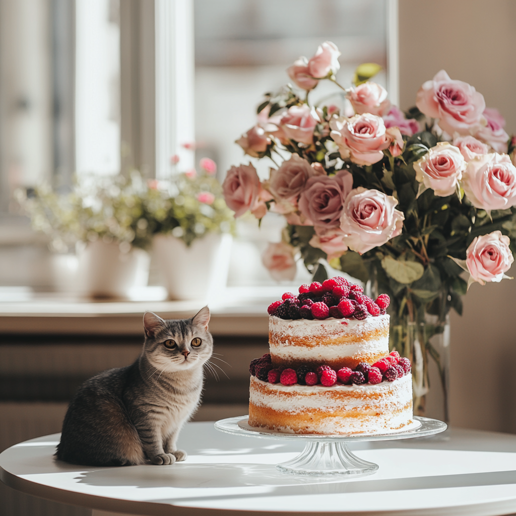 A Three-Tiered Cake with Berries and Roses