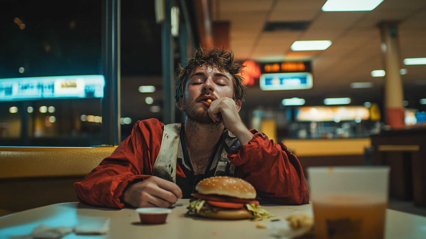 A Tired Pirate Enjoying Fast-Food at Midnight