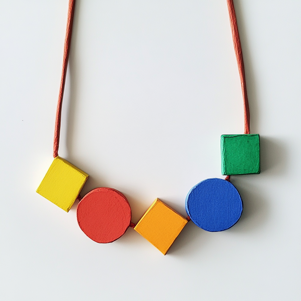 A Toddler's Colorful Shapes Necklace on White Background