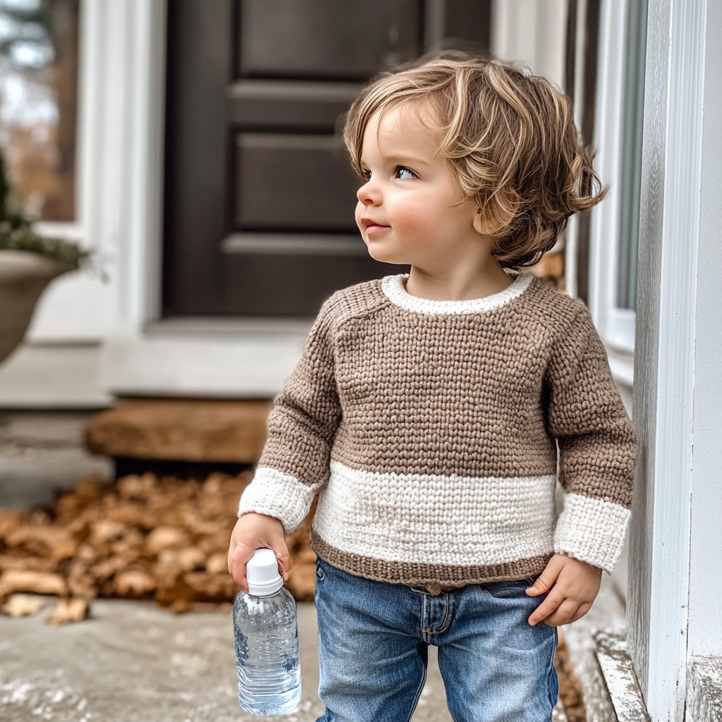 A Toddler Boy in Brown Sweater on Porch