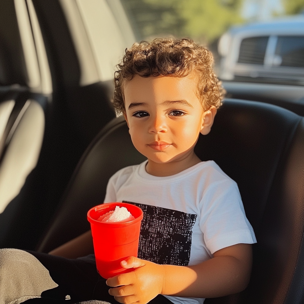 A Toddler Boy with Red Slushie in Car.