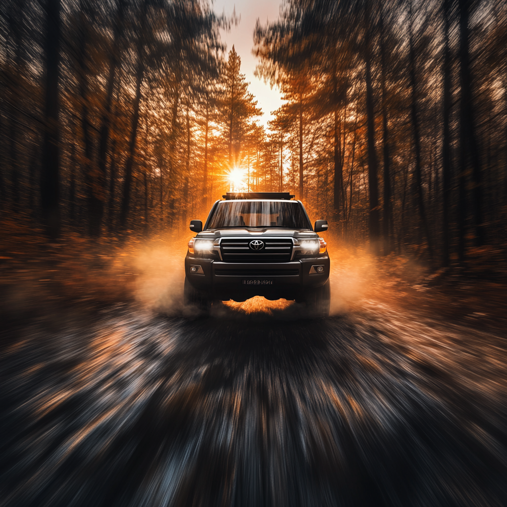 A Toyota Land Cruiser 250 Driving on Forest Road