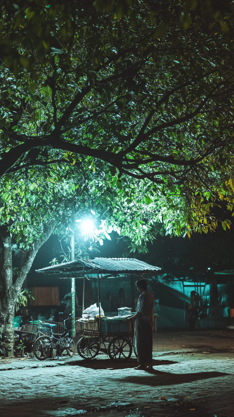 A Traditional Indonesian Seller Under Tree at Night