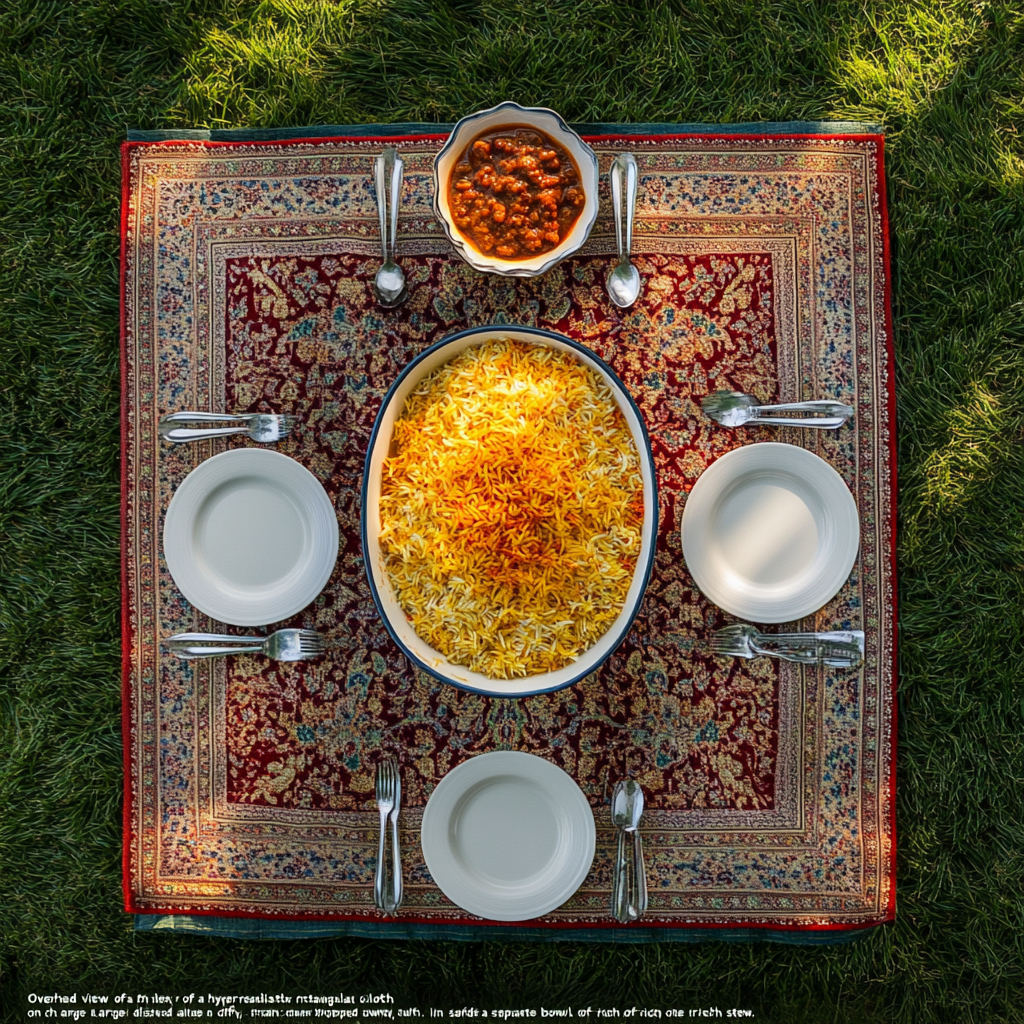 A Traditional Iranian Lunch Table on Green Lawn