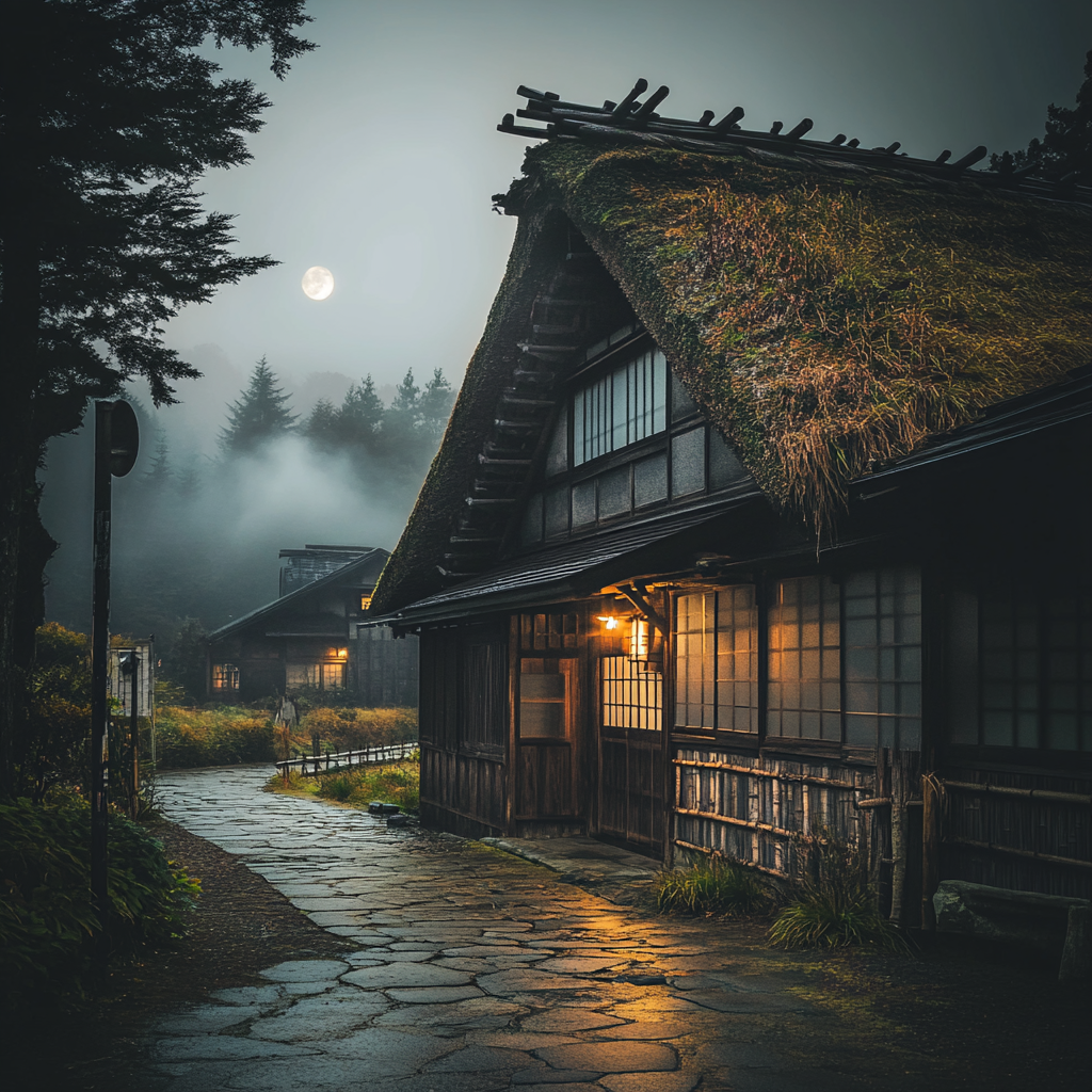 A Traditional Japanese House in Soft Moonlight