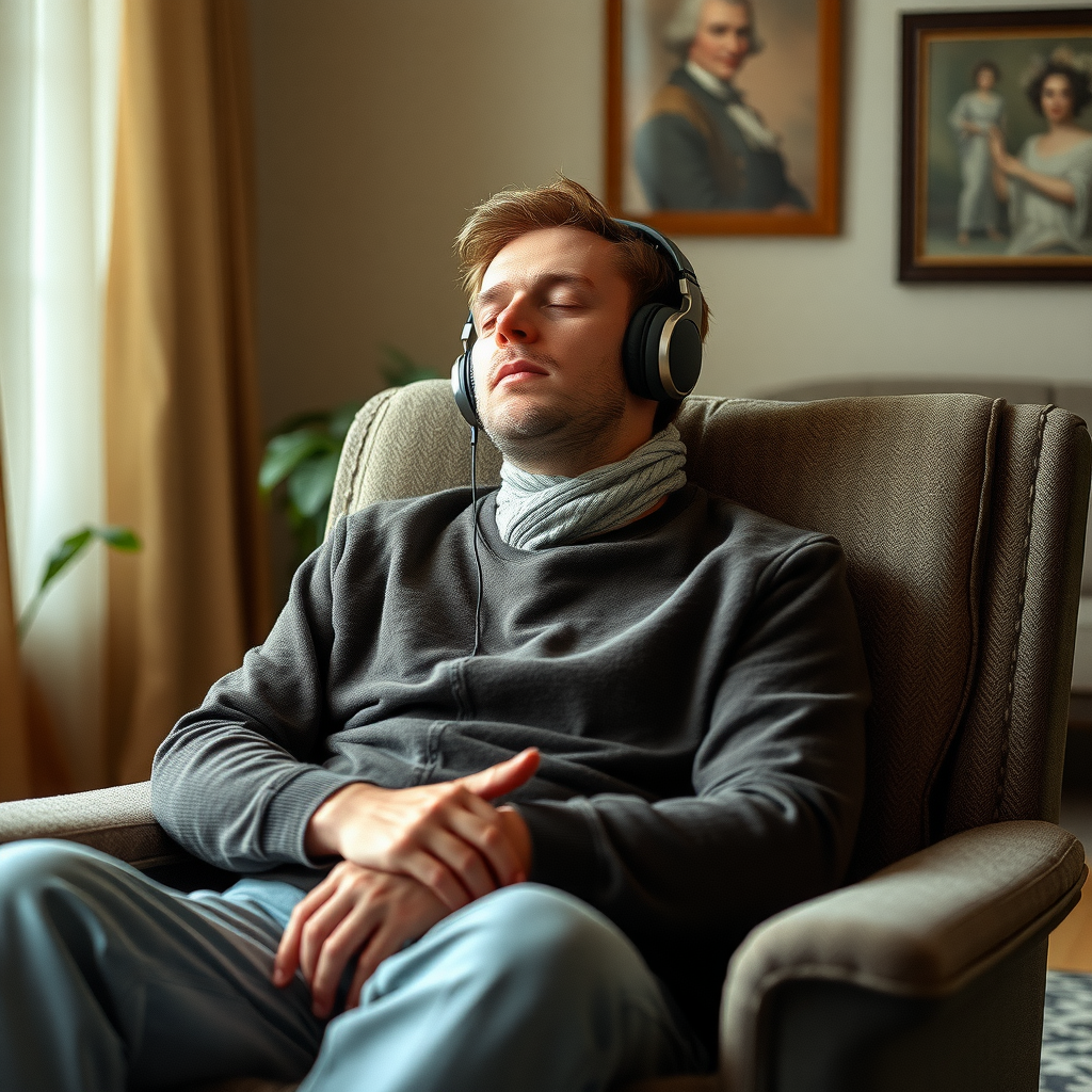 A Tranquil Man Listening to Classical Music