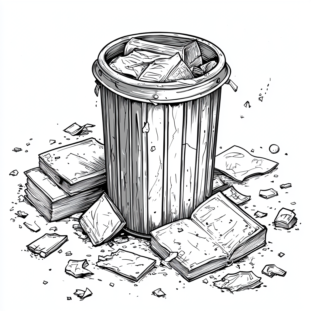 A Trash Can Surrounded by Books and Litter