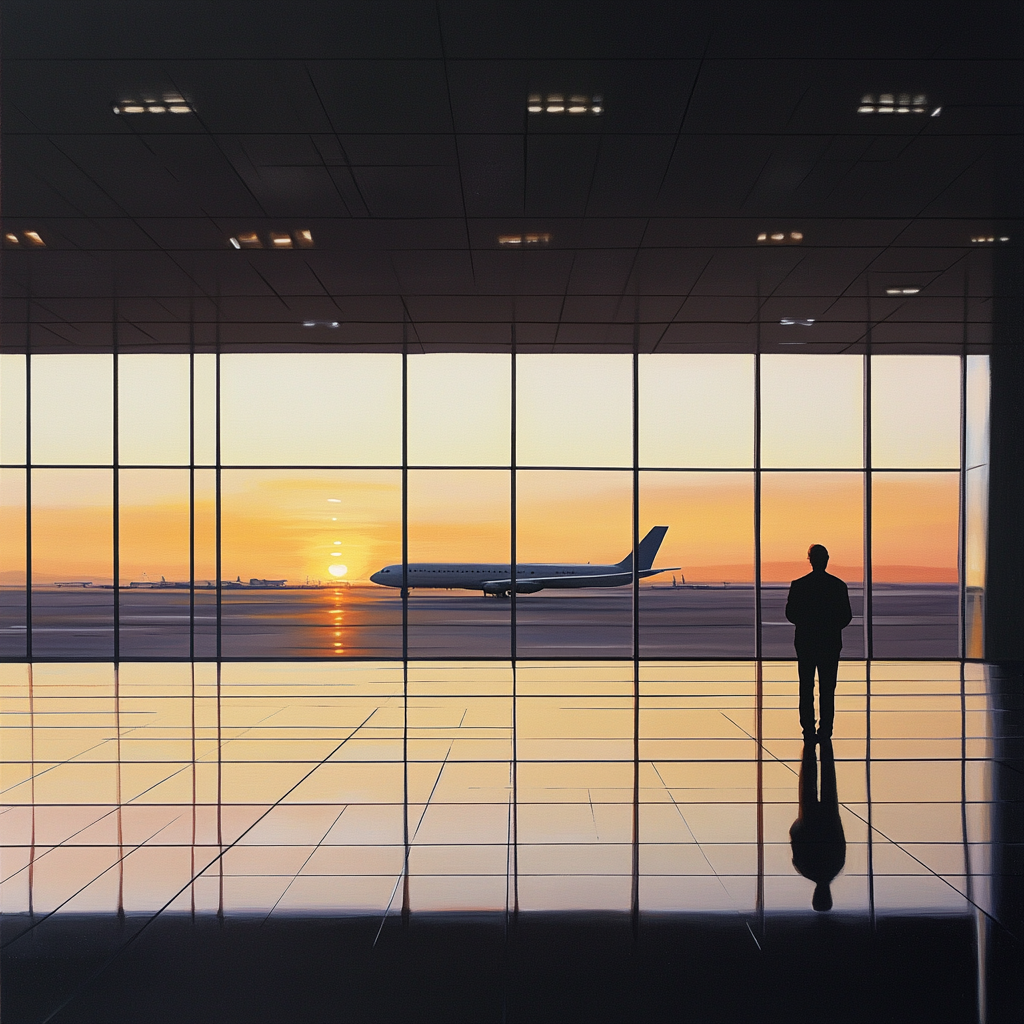 A Traveler in Empty Airport Terminal at Sunrise