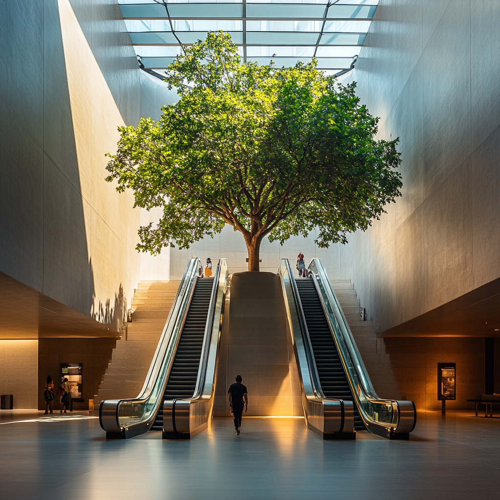 A Tree and Escalator in Art Museum Lobby