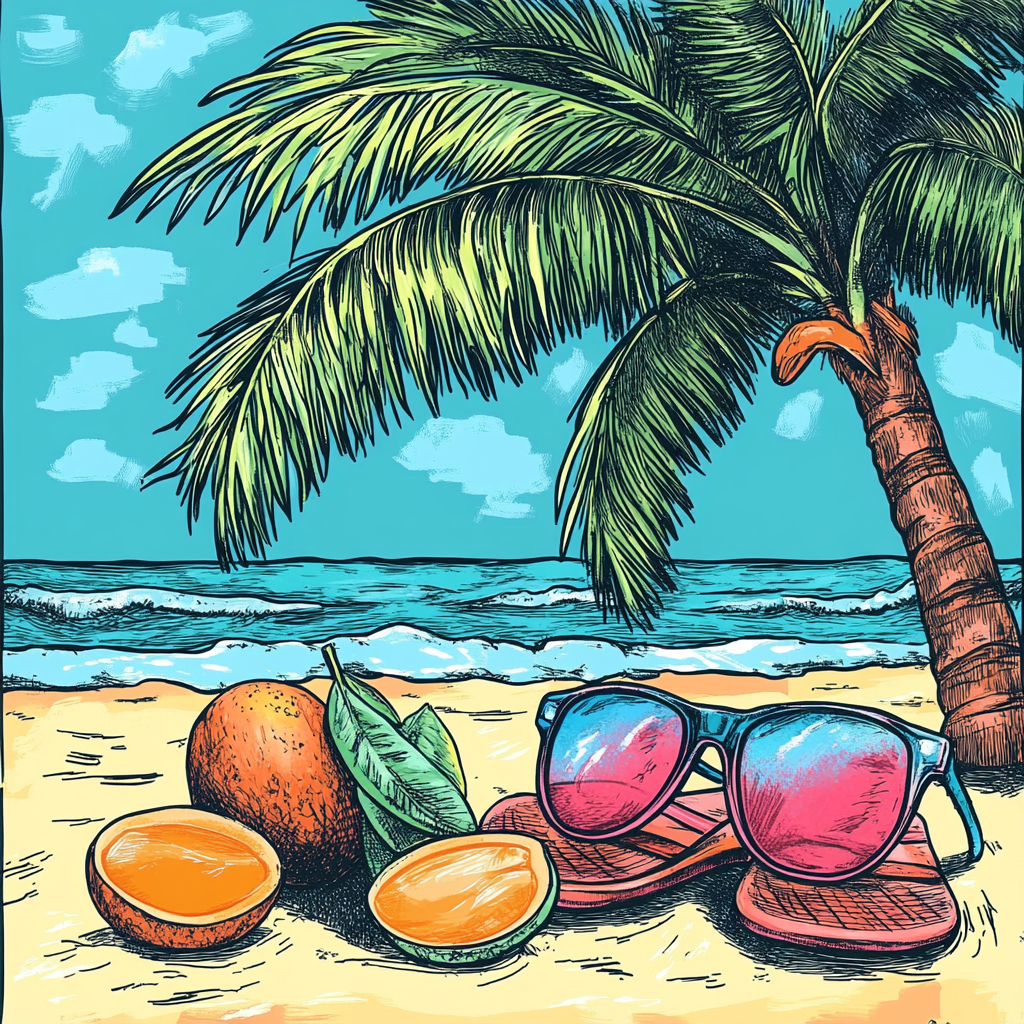 A Tropical Beach Scene with Mangoes and Coconuts