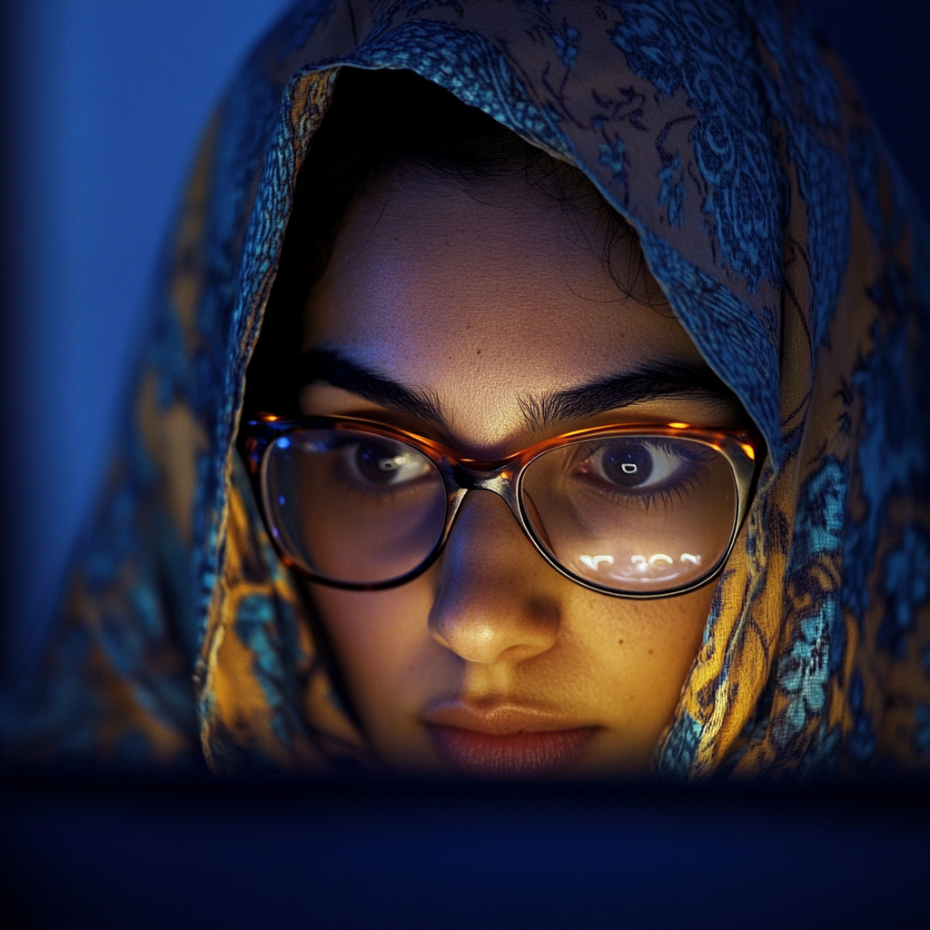 A Tunisian woman working on computer at night.