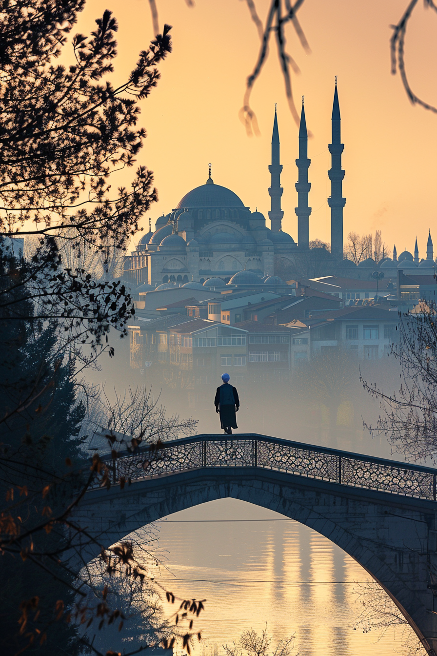 A Turkish imam crosses bridge between rural village, modern city