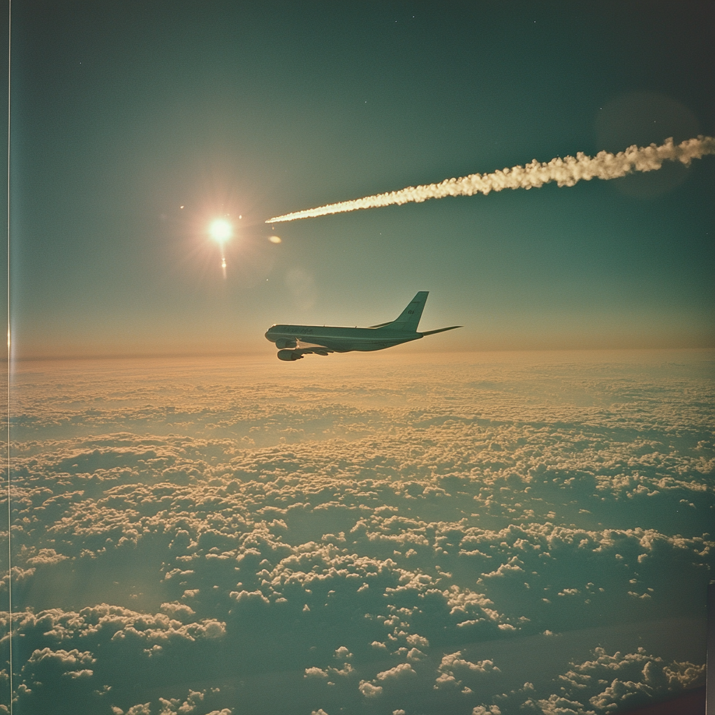 A Turquoise Jet Flying in Sunset Skies.