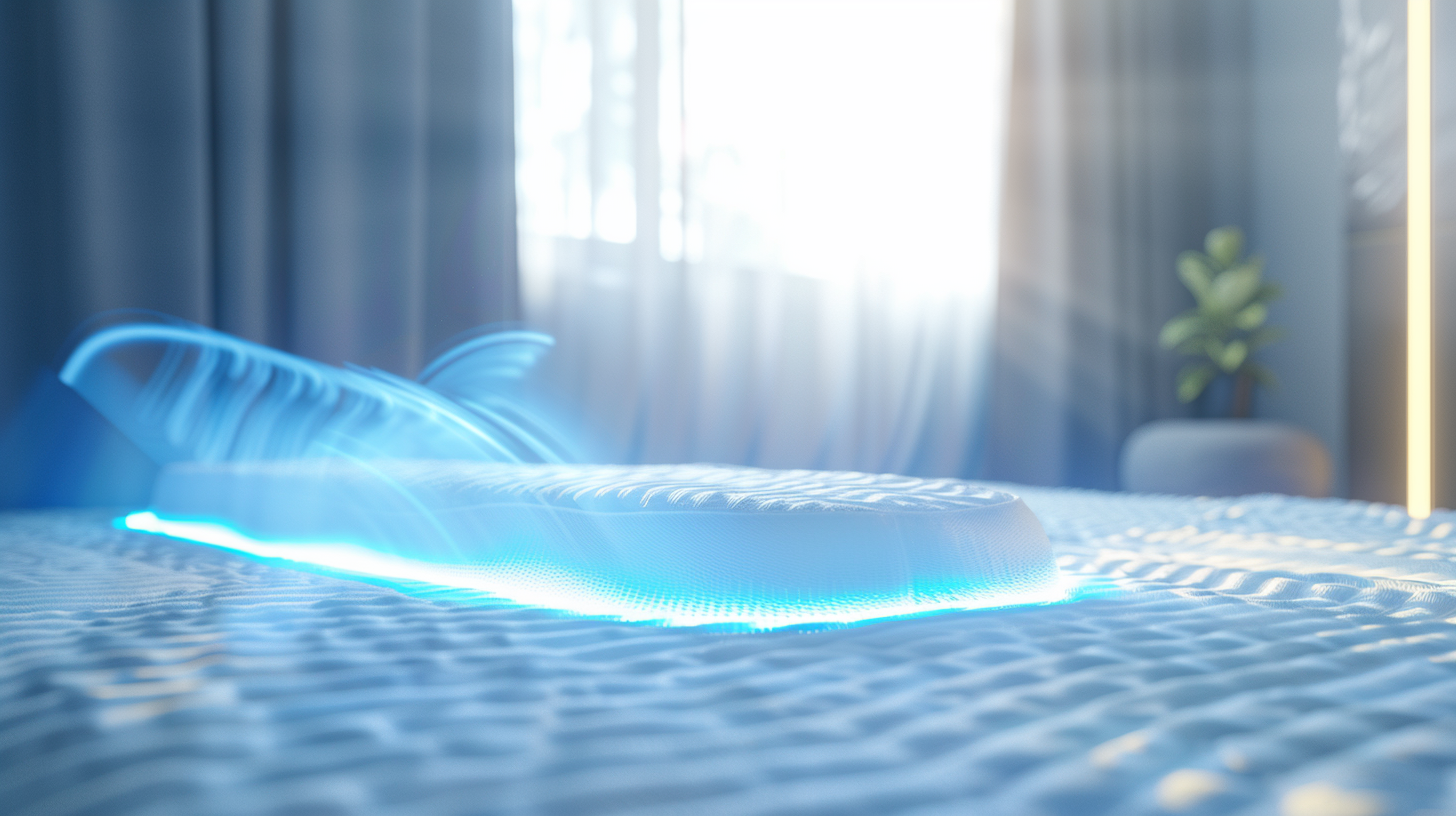 A UV sterilizer shining on a clean bedroom.