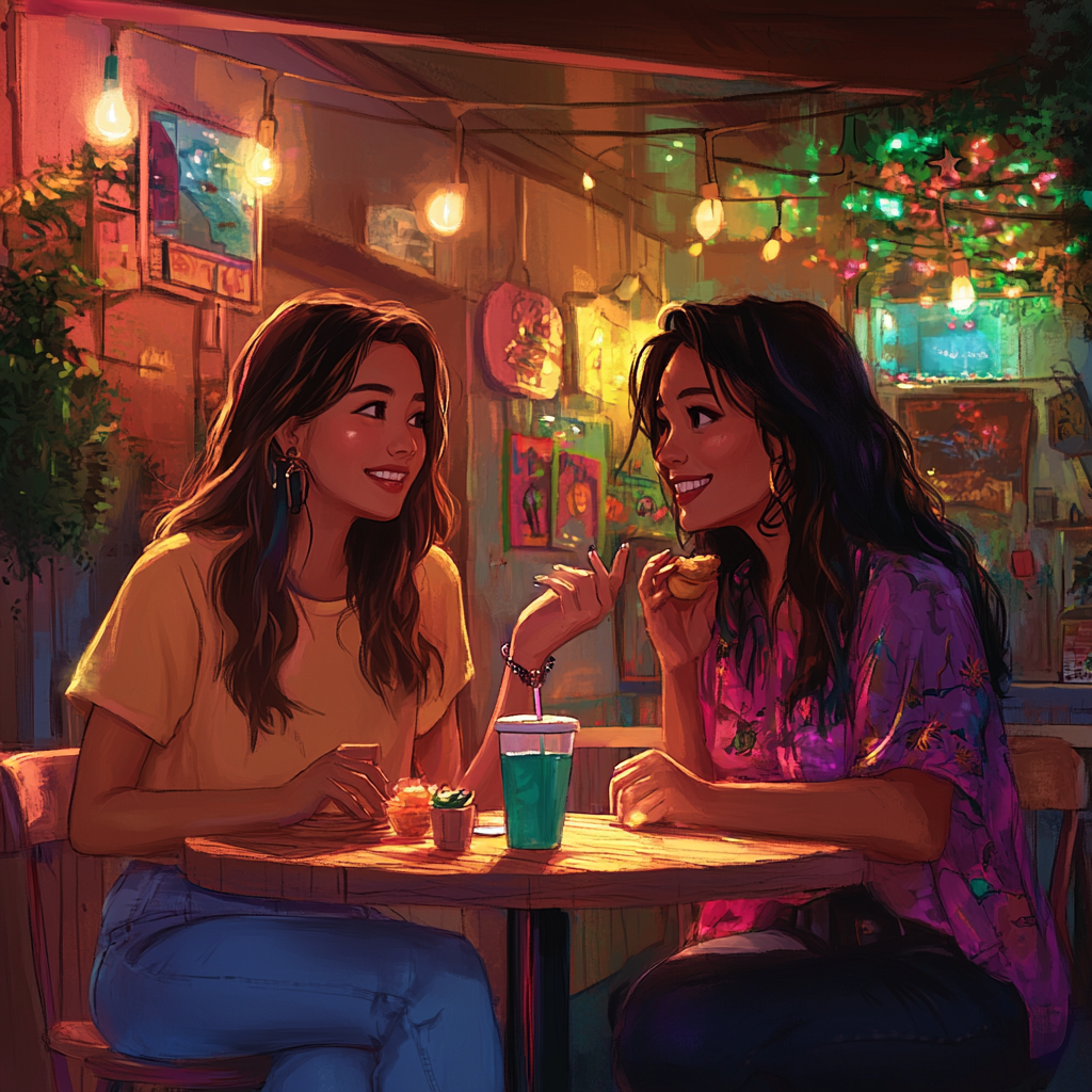 A Vibrant Café with Vivian and Eesha Laughing